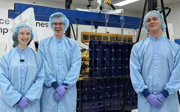 UTS engineering students Liv, John and Jacob interned with Space Machines Company to help build the satellite Optimus. Photo by Jessica Lo.